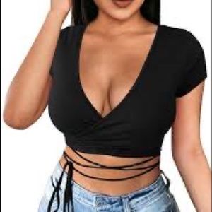 Garage V Neck Wrap Around Short Sleeve Crop Too